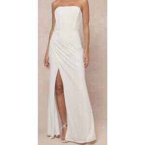 LULU'S XS Beautiful Grace White Mesh Strapless Bustier Tulip Maxi Dress B60 flaw